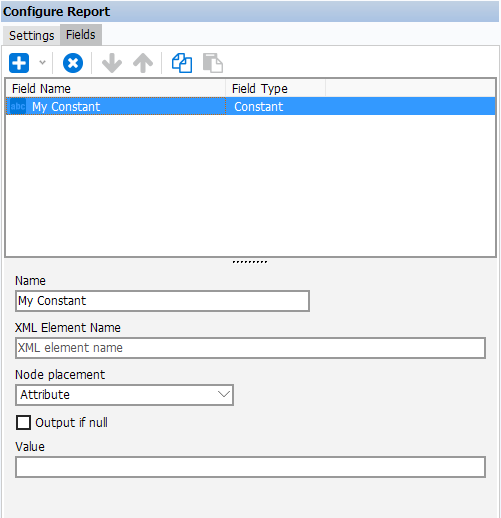This image shows the Configure Report area within the Report Editor with the Fields tab selected.  Within the Fields tab, the Name, XML Element Name, Node Placement, and Value fields exist.
